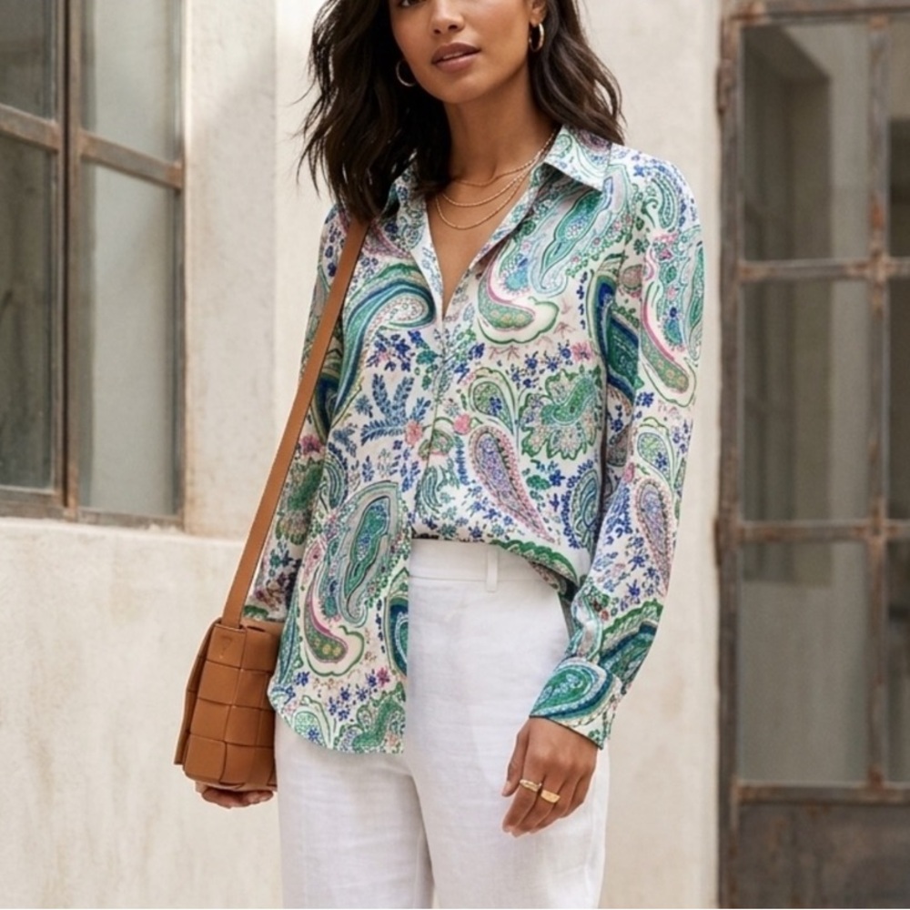 Zara Paisley Button-Up Blouse in Green and Blue